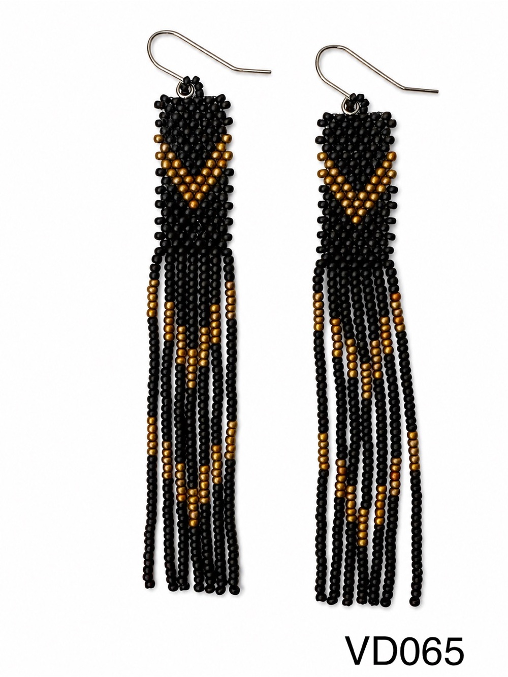 Black Gold Seed Bead Fringe Statement Earrings